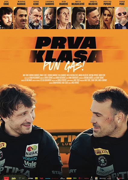 Two main male actors standing side by side on the poster of First Class – Full Throttle, with names and images of supporting cast.